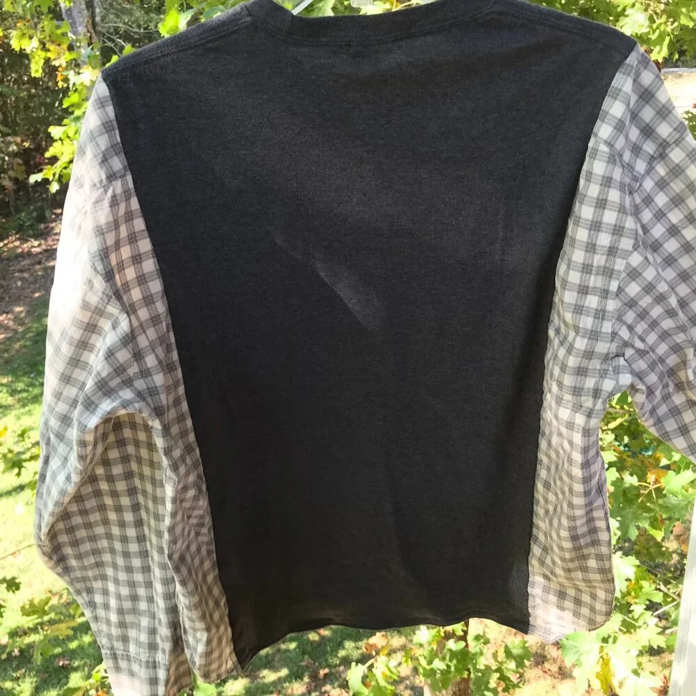 Upcycled Reworked Graphic T-Shirt, Saxophone Theme Plaid Shirt, Size S - M - Picture 7 of 12